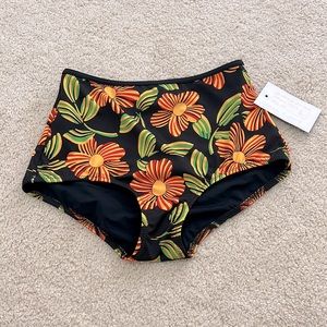 High waisted solid and strip floral bikini bottom